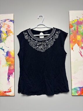 **3 for $15** Cleo Navy Blouse with Elegant Embroidery